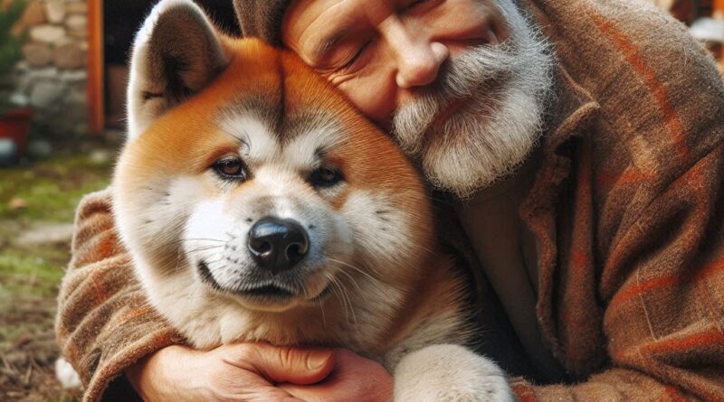 Dueño abrazando a su Akita Inu