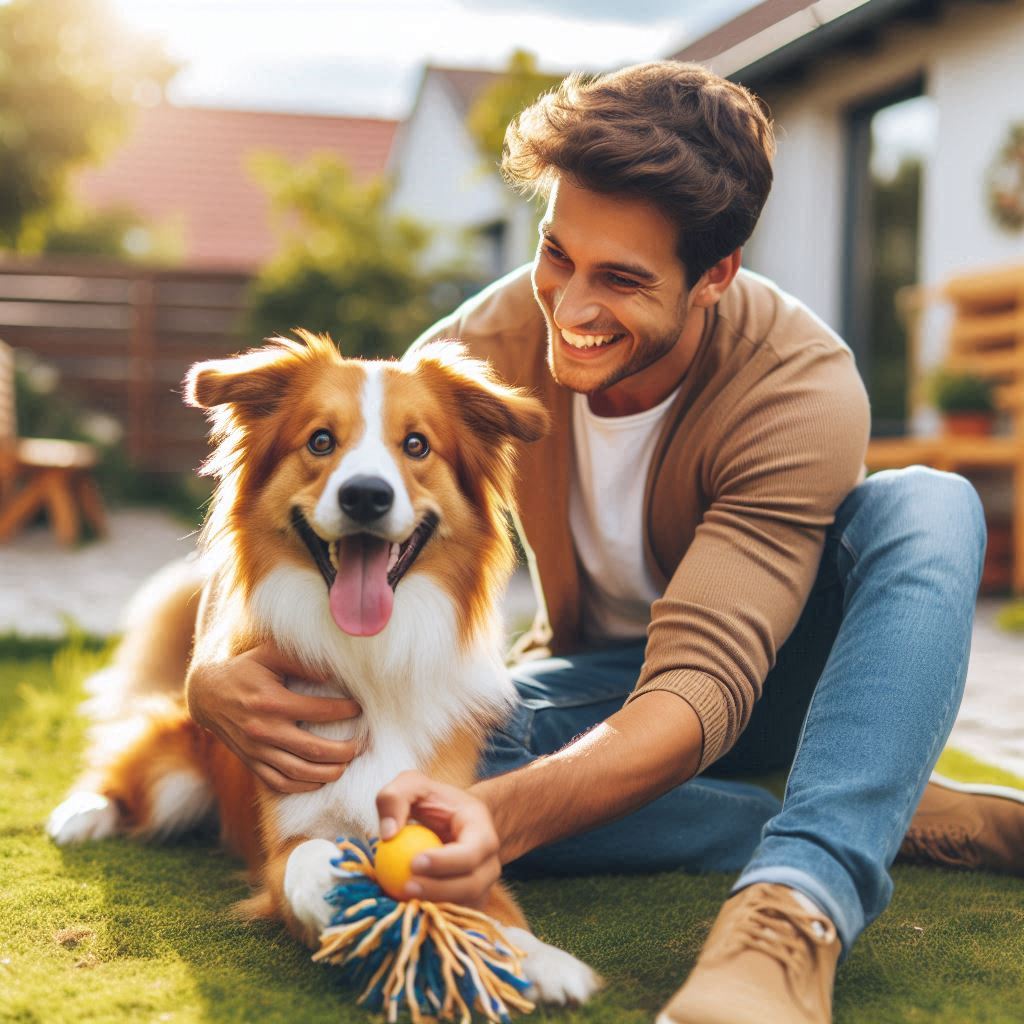 Un perro feliz y saludable jugando con su dueño en el jardín