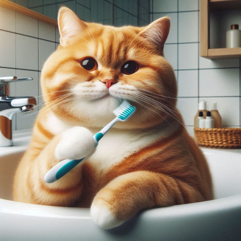 Gato cómodo mientras le cepillan los dientes
