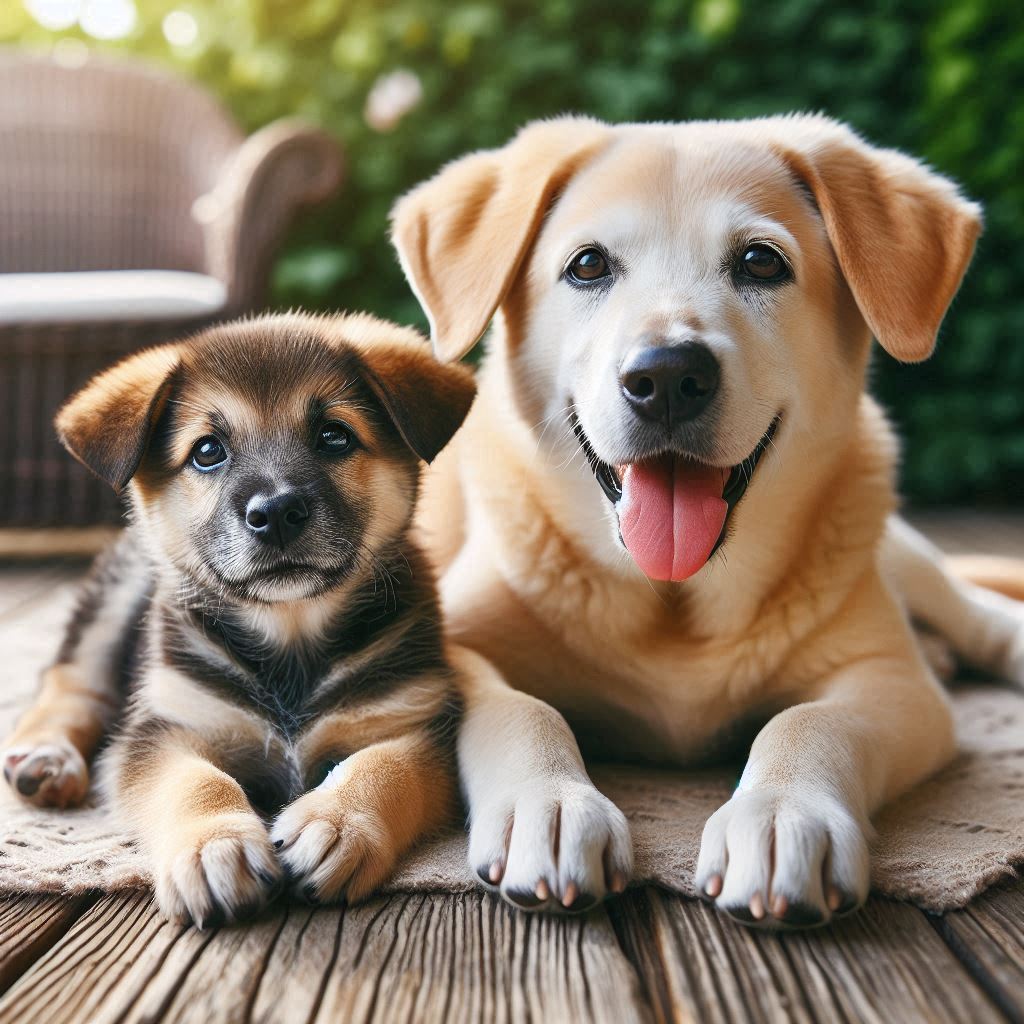 Un cachorro juguetón y un perro mayor descansando juntos, ilustrando la elección entre adoptar un perro joven o mayor