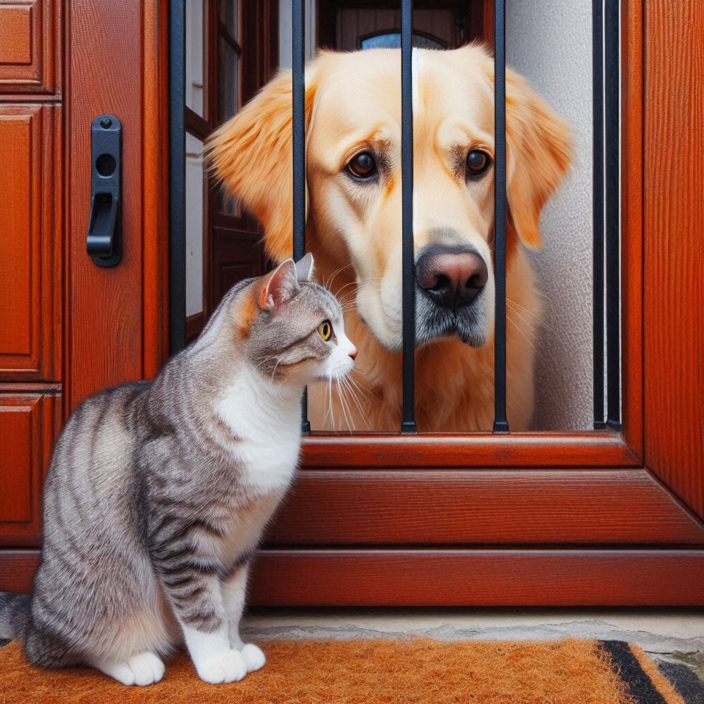 Una imagen que muestre a un perro y un gato observándose a través de una rejilla o puerta, ilustrando un primer paso seguro en la socialización.