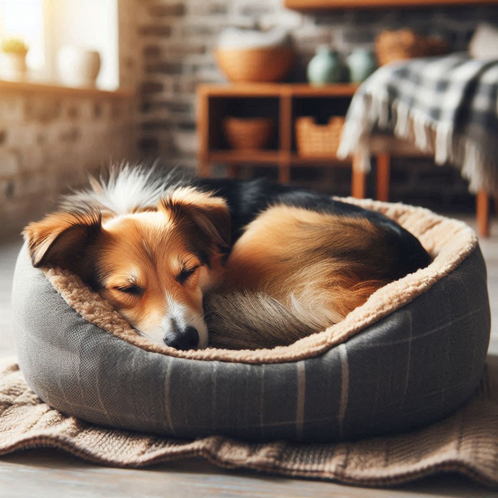  un perro acurrucado en su cama, en un entorno hogareño y calmado.