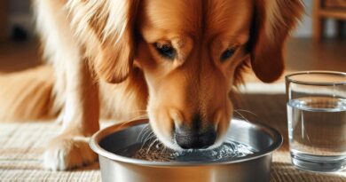 Golden Retriever drinking water from a bowl