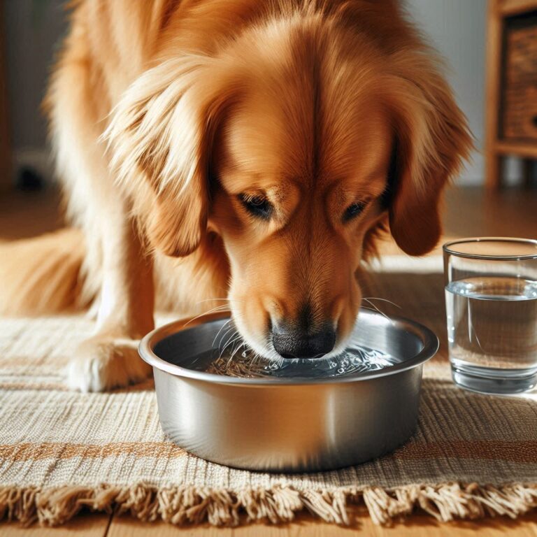 Golden Retriever drinking water from a bowl
