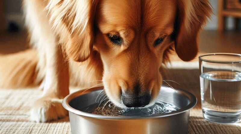 Golden Retriever drinking water from a bowl