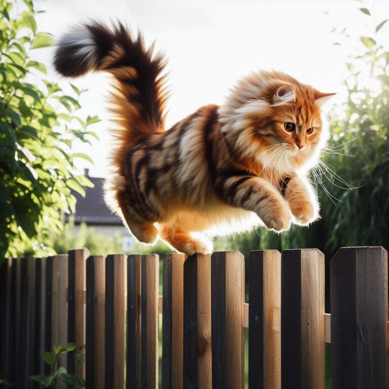 gato saltando una valla alta de jardin