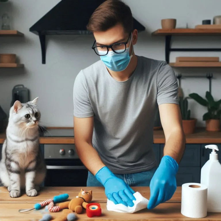 un dueño desinfectando los juguetes de su gato