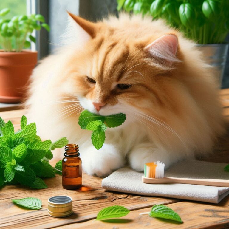 gato con remedios naturales para sus dientes.