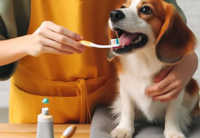 una persona cepillando los dientes de su perro