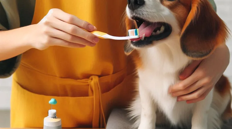 una persona cepillando los dientes de su perro