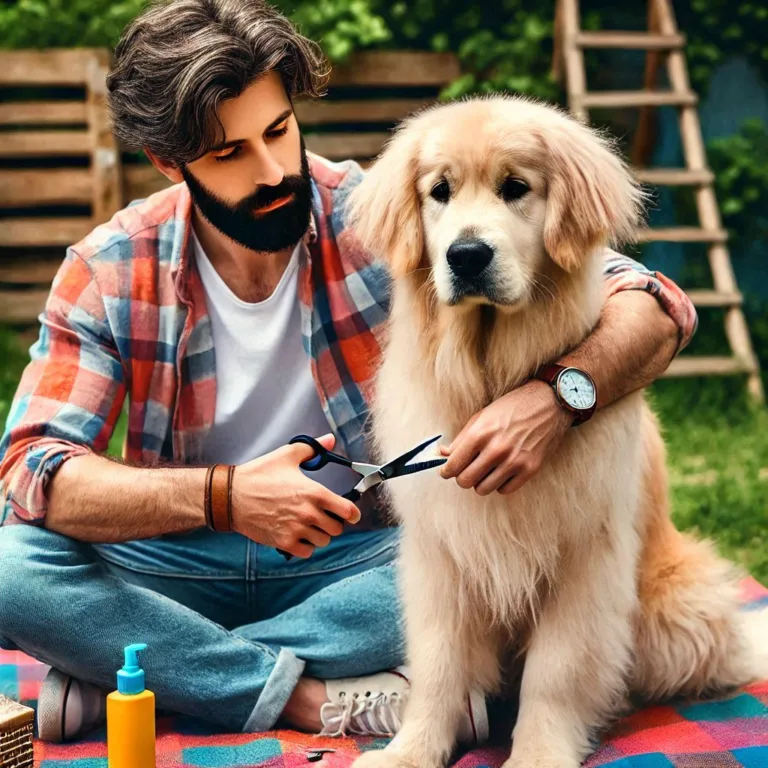un dueno cortando el pelo a su perro