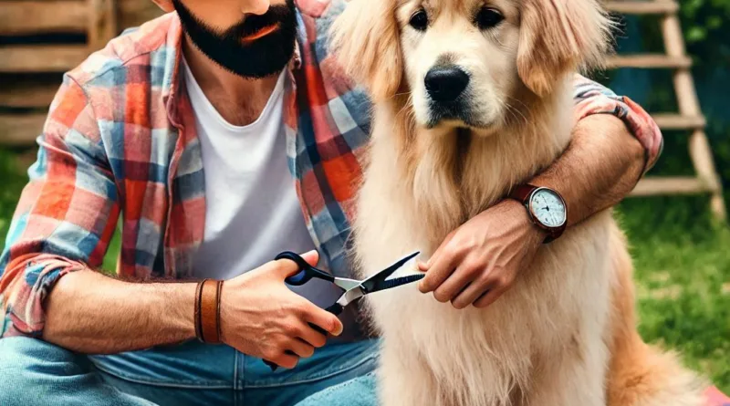 un dueno cortando el pelo a su perro