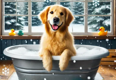 un perro bañando en invierno