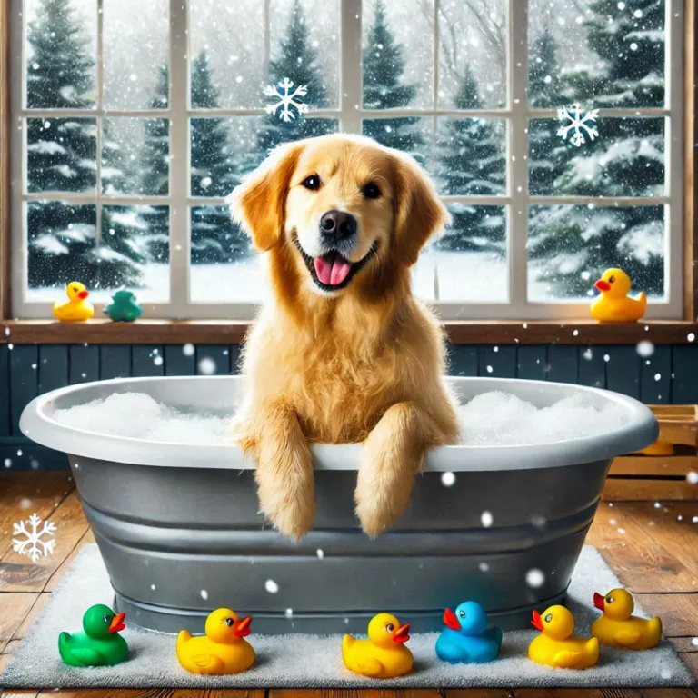 un perro bañando en invierno