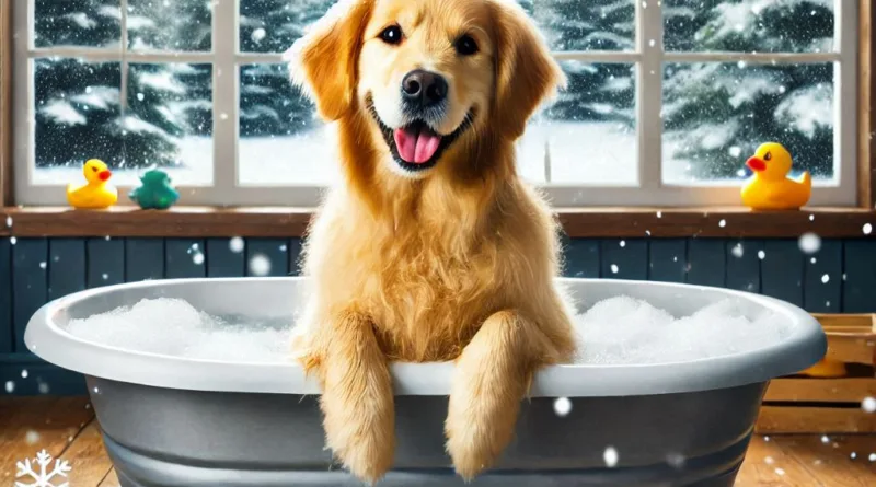 un perro bañando en invierno