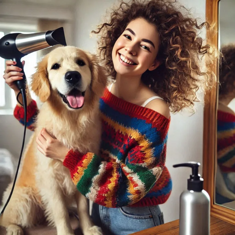 una persona secando a su perro con secador.
