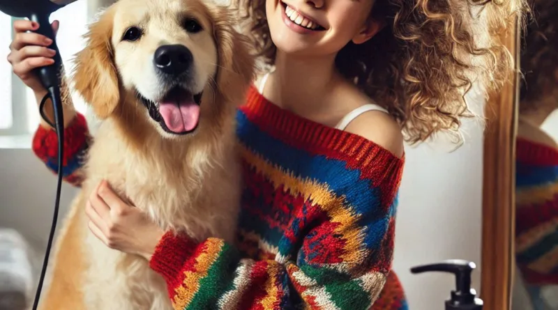 una persona secando a su perro con secador.